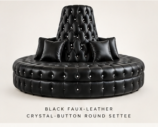 Black faux leather crystal-button round settee