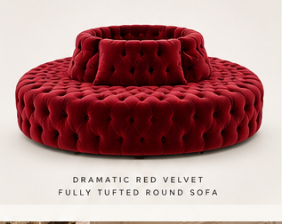 Red velvet fully tufted round sofa